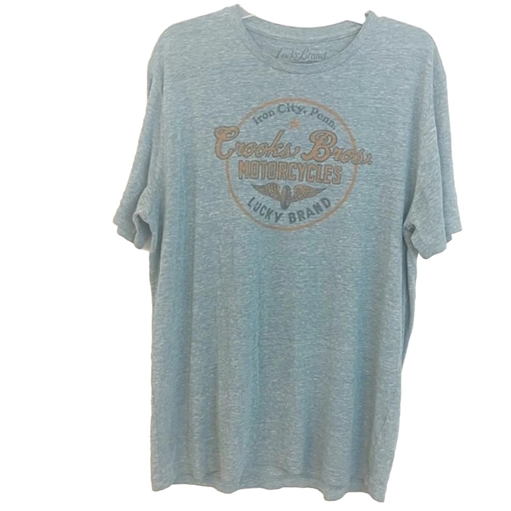Lucky Brand Mens XL Blue Crooks Bros Motorcycles Graphic T-Shirt Iron City Penn